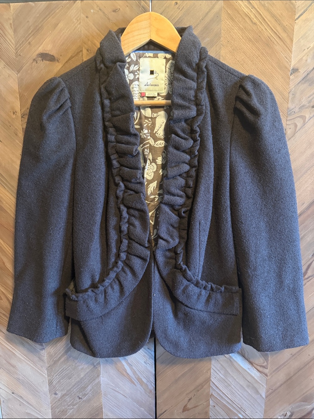 Anthropologie chocolate cropped Ruffled Open-Front Blazer